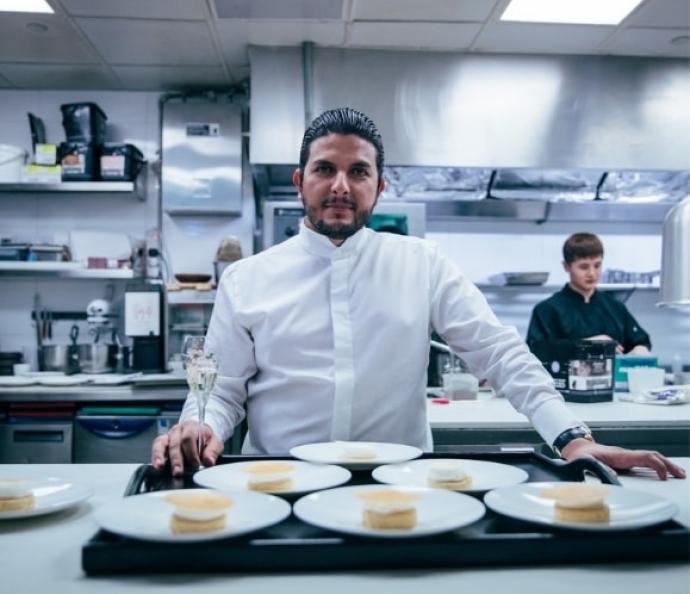 Akrame Benallal displaying his passion for cooking, art and champagne